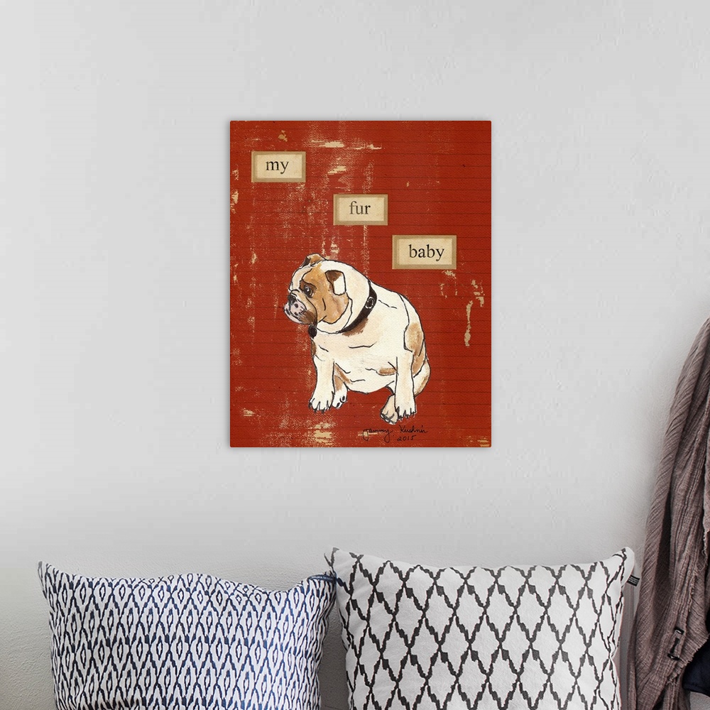 A bohemian room featuring Drawing of a bulldog with cut-out words on a striped background.