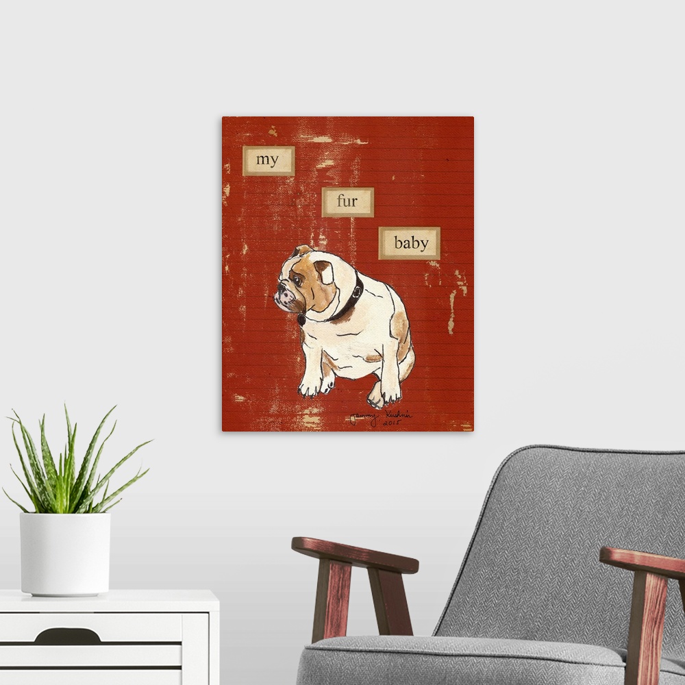 A modern room featuring Drawing of a bulldog with cut-out words on a striped background.