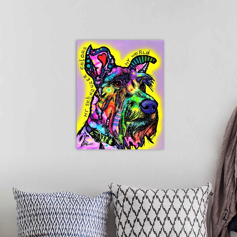 A bohemian room featuring "My Schnauzer Colors My Wold" handwritten around a colorful painting of a Schnauzer on a purple b...