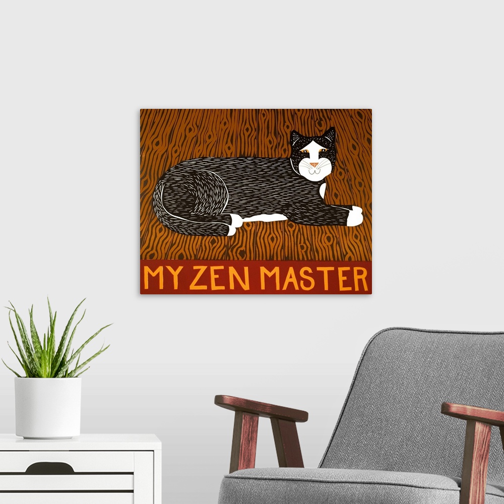 A modern room featuring Illustration of a black and white cat laying on hardwood floors with the phrase "My Zen Master" w...