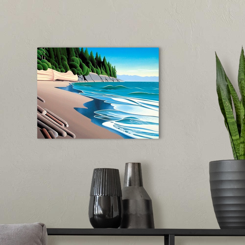 A modern room featuring Contemporary colorful painting of a wilderness coastline.