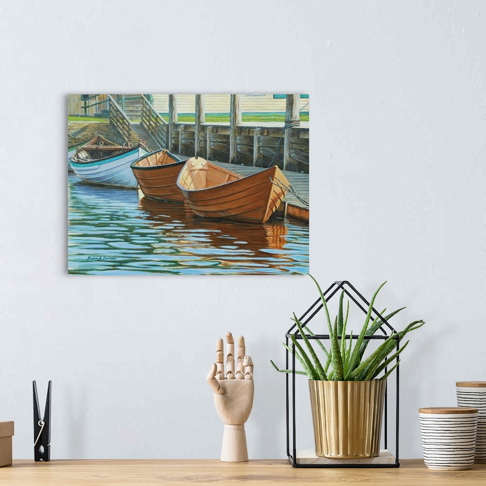 A bohemian room featuring Contemporary artwork of rowboats at a dock.