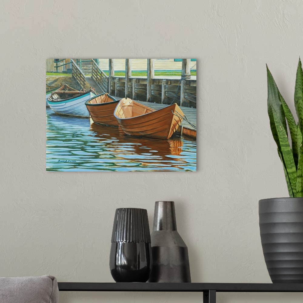 A modern room featuring Contemporary artwork of rowboats at a dock.