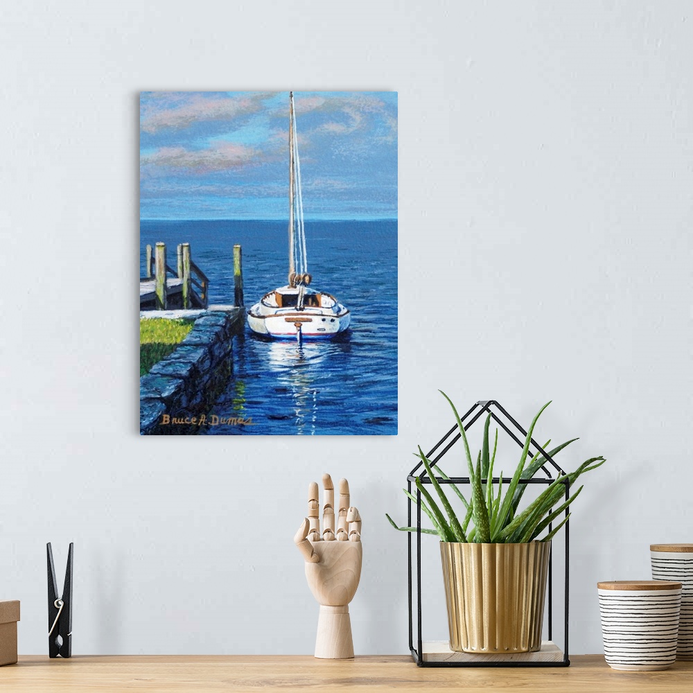 A bohemian room featuring Contemporary artwork of a sailboat at a dock.
