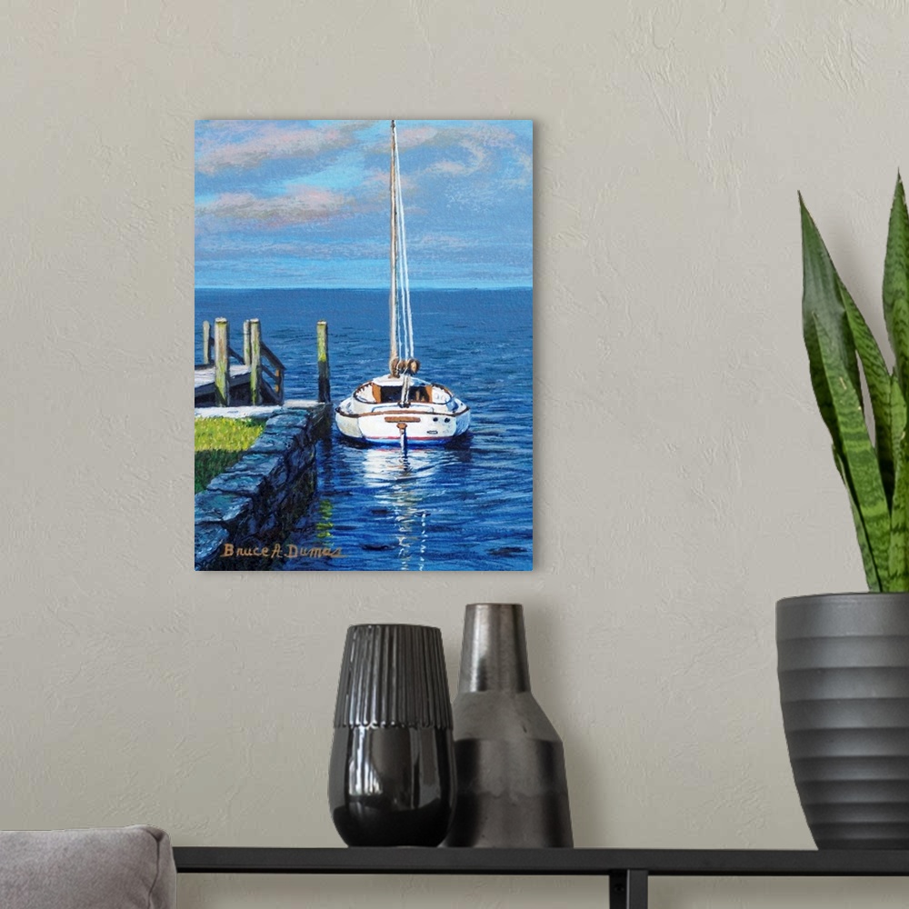 A modern room featuring Contemporary artwork of a sailboat at a dock.