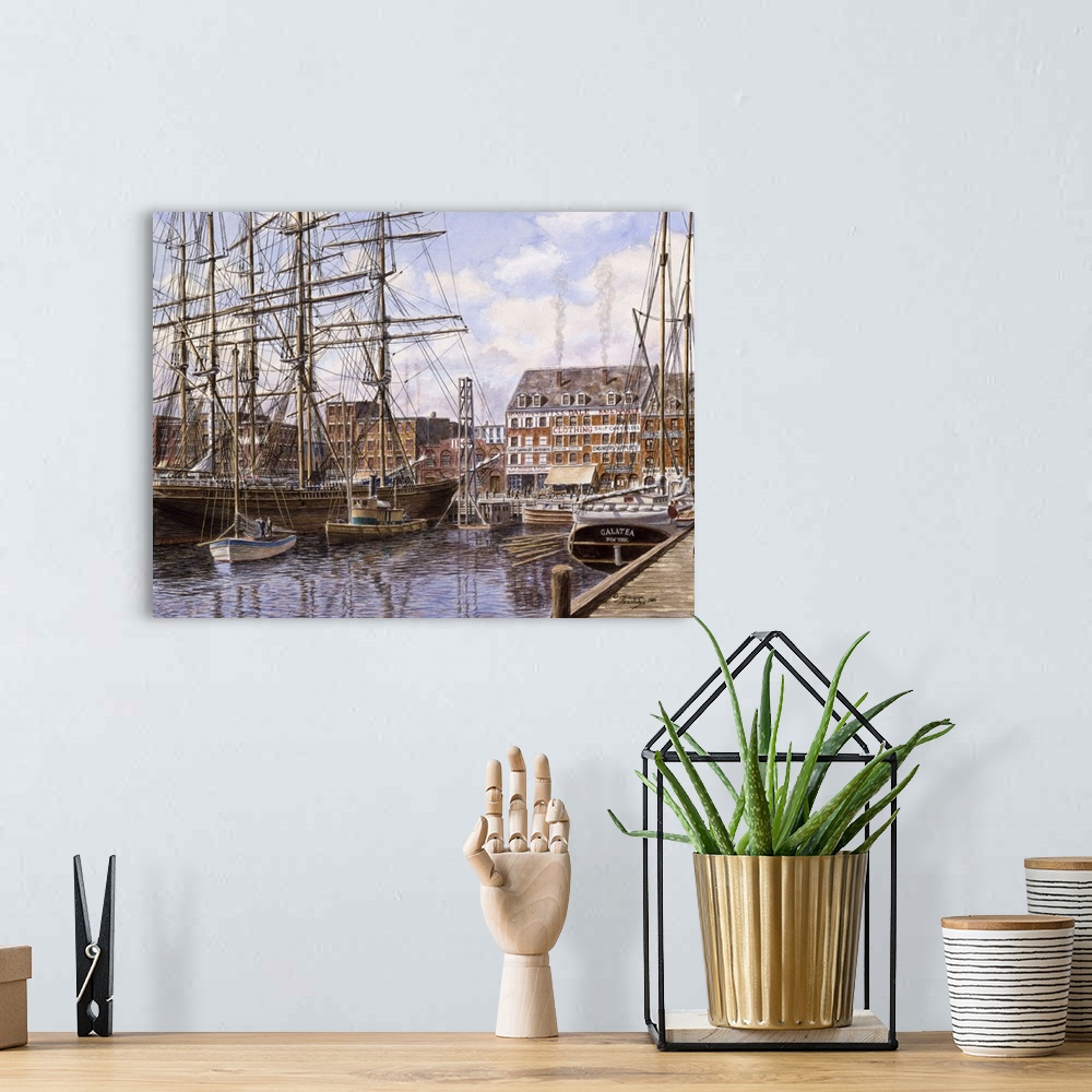 A bohemian room featuring Contemporary painting of a harbor filled with ships and fishing boats.