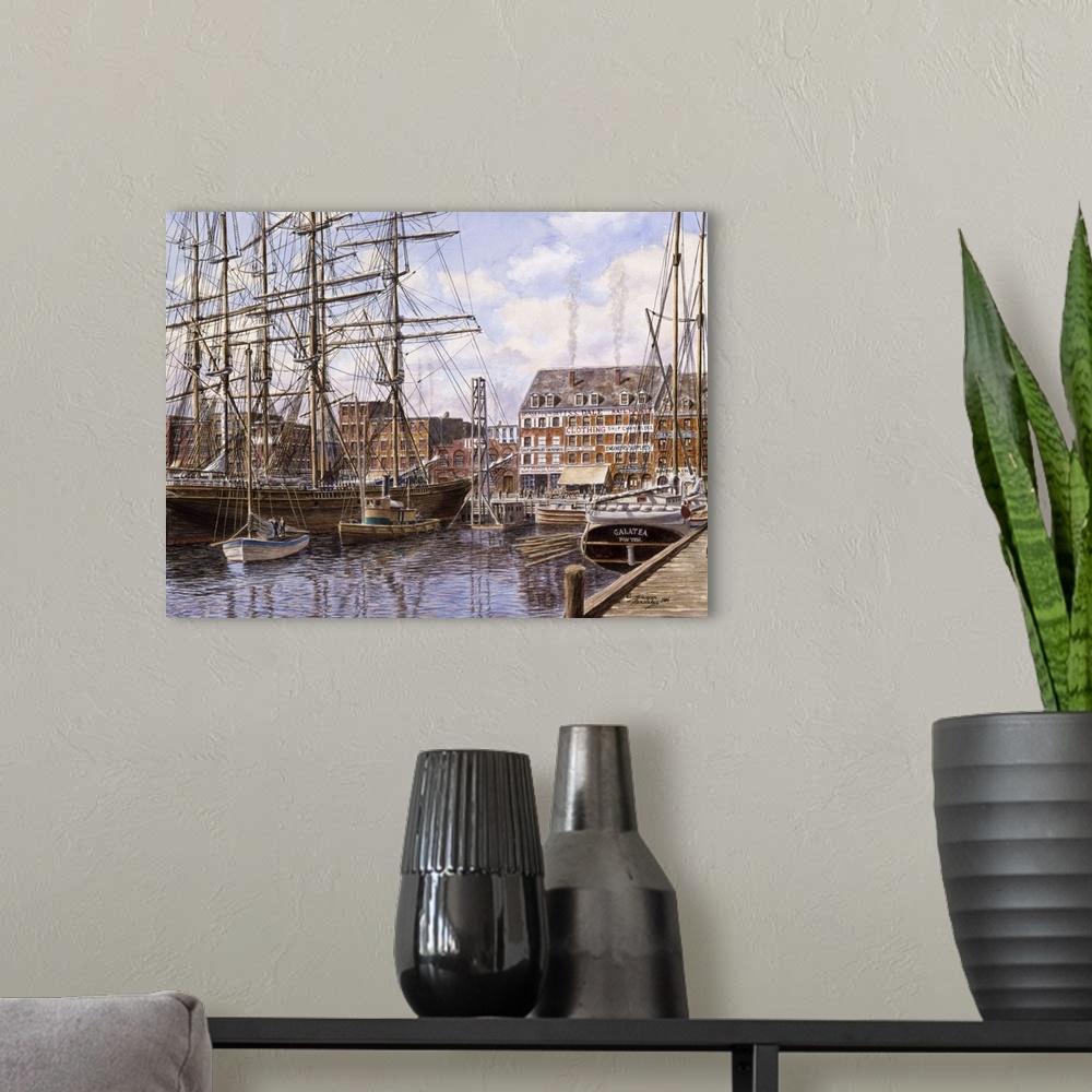 A modern room featuring Contemporary painting of a harbor filled with ships and fishing boats.
