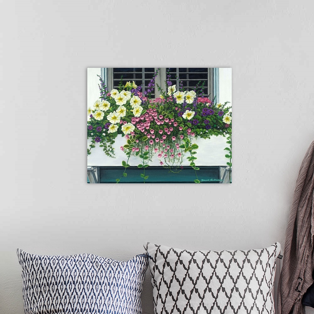 A bohemian room featuring Contemporary painting of a window box full of beautiful flowers.