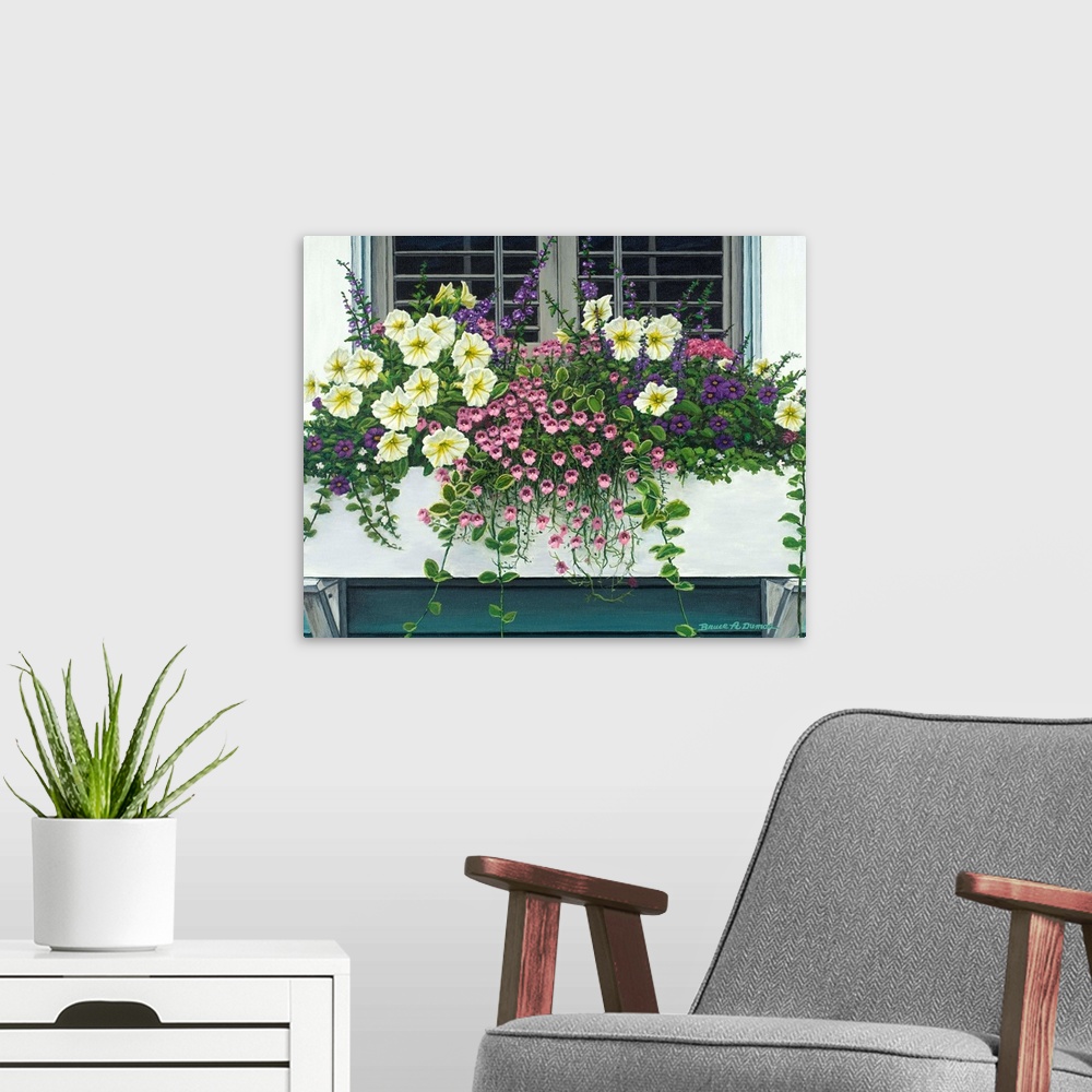 A modern room featuring Contemporary painting of a window box full of beautiful flowers.