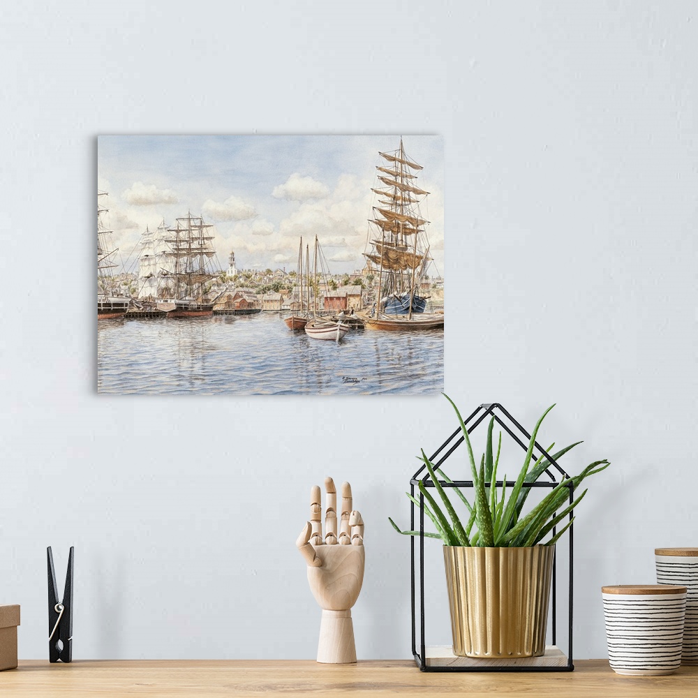 A bohemian room featuring Contemporary painting of a harbor filled with high masted ships.
