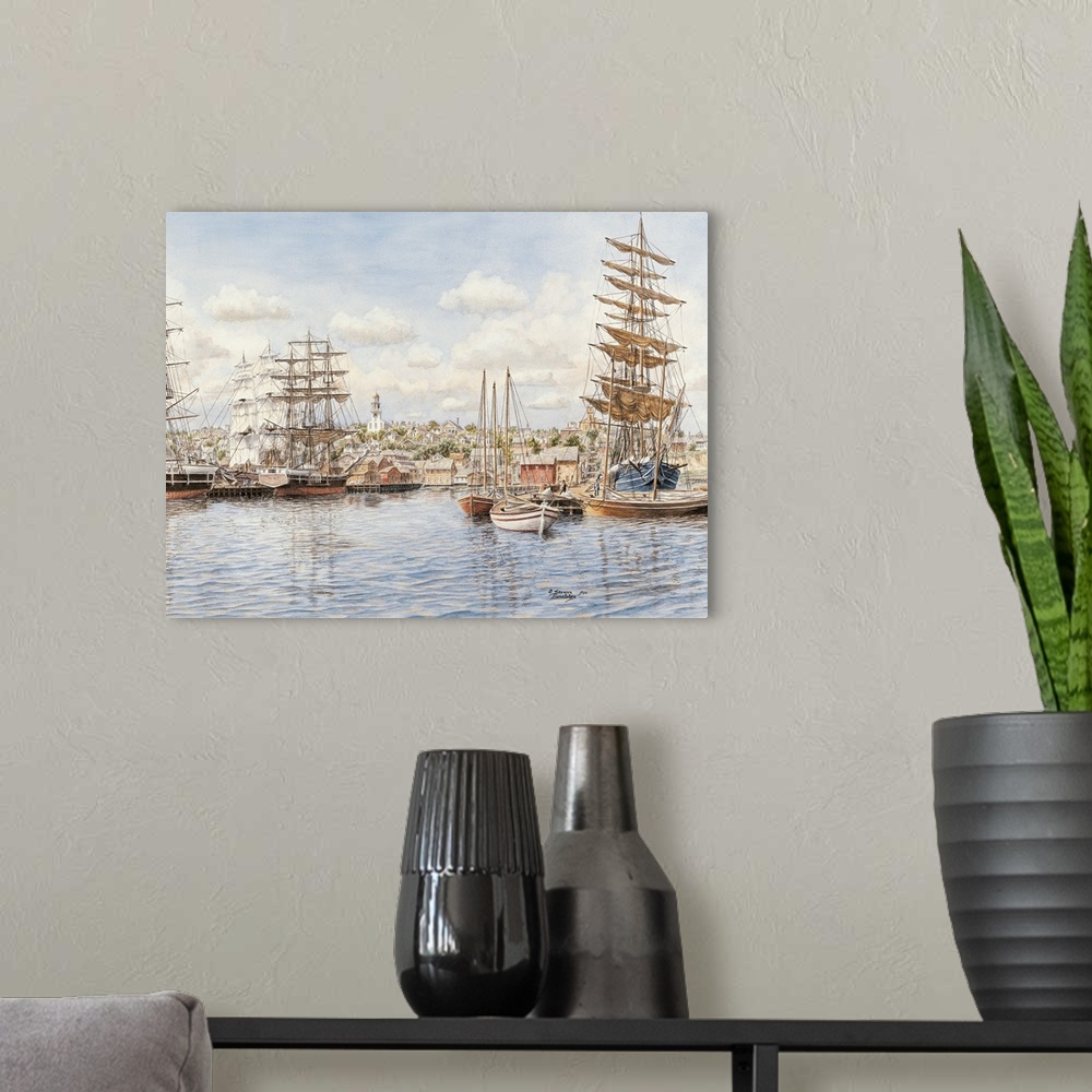 A modern room featuring Contemporary painting of a harbor filled with high masted ships.