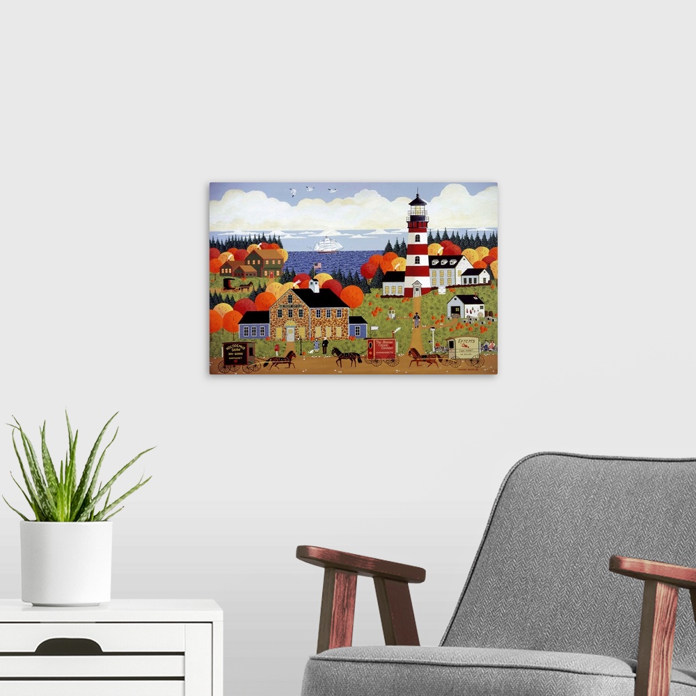 A modern room featuring A contemporary painting of the iconic Americana coastal village.