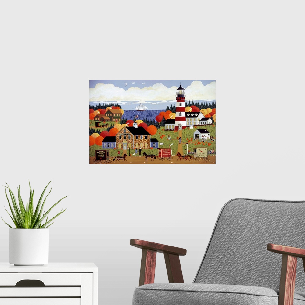 A modern room featuring A contemporary painting of the iconic Americana coastal village.