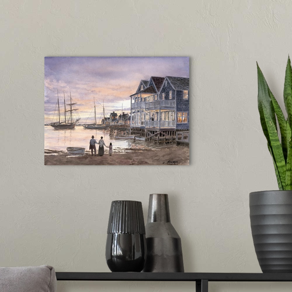A modern room featuring Contemporary painting of a harbor filled with high masted ships.