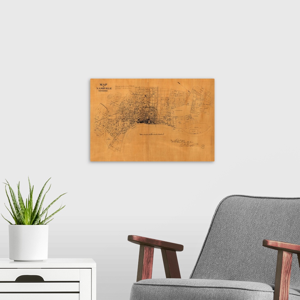 A modern room featuring vintage Map of the City of Nashville