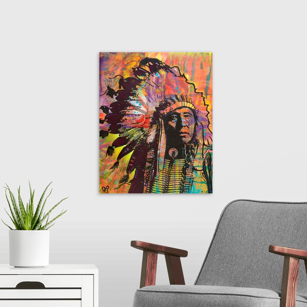 A modern room featuring Graffiti style illustration of a Native American with various colors.
