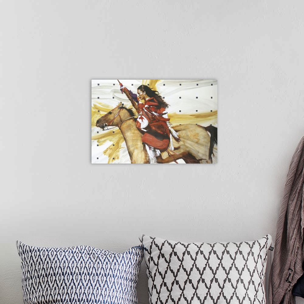 A bohemian room featuring Contemporary western theme painting of a Native American woman on horseback.