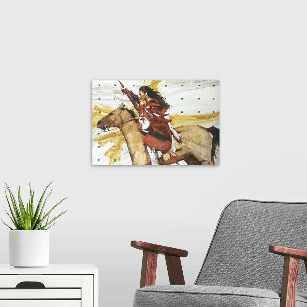 A modern room featuring Contemporary western theme painting of a Native American woman on horseback.