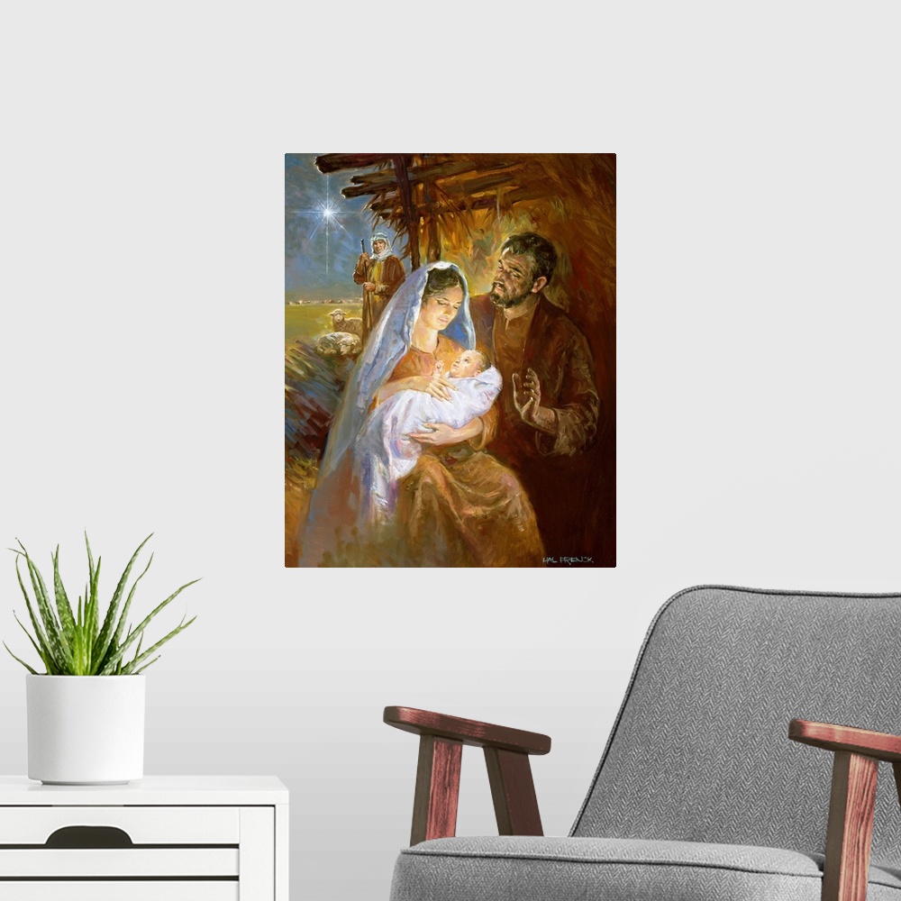 A modern room featuring Mary and Joseph, after the birth of Jesus.  The North Star is seen in the background.