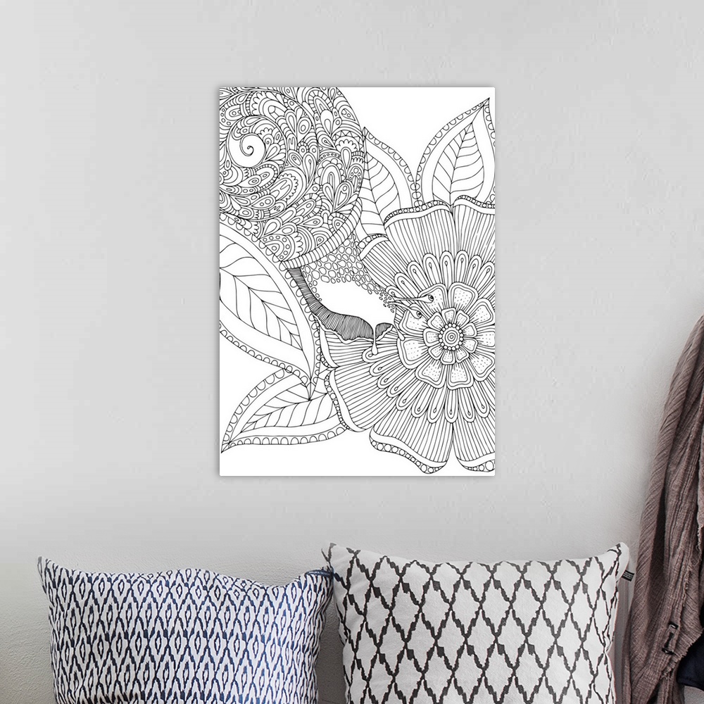 A bohemian room featuring Black and white line art of an intricately designed snail crawling on a leaf towards a big flower.