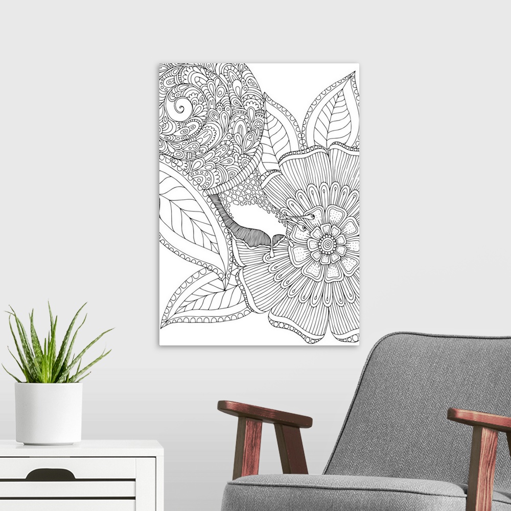 A modern room featuring Black and white line art of an intricately designed snail crawling on a leaf towards a big flower.