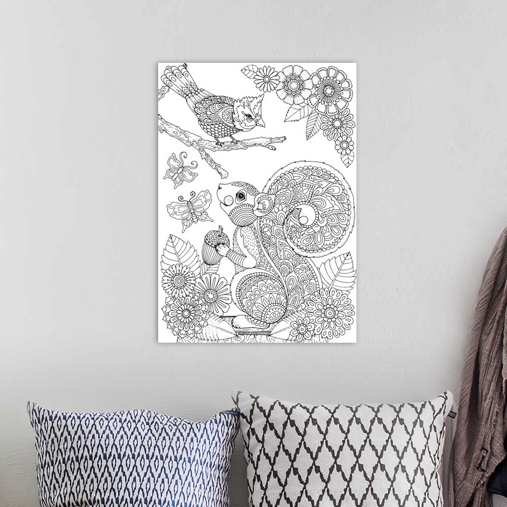 A bohemian room featuring Black and white line art of a squirrel and a bird made with intricate designs surrounded by flowe...