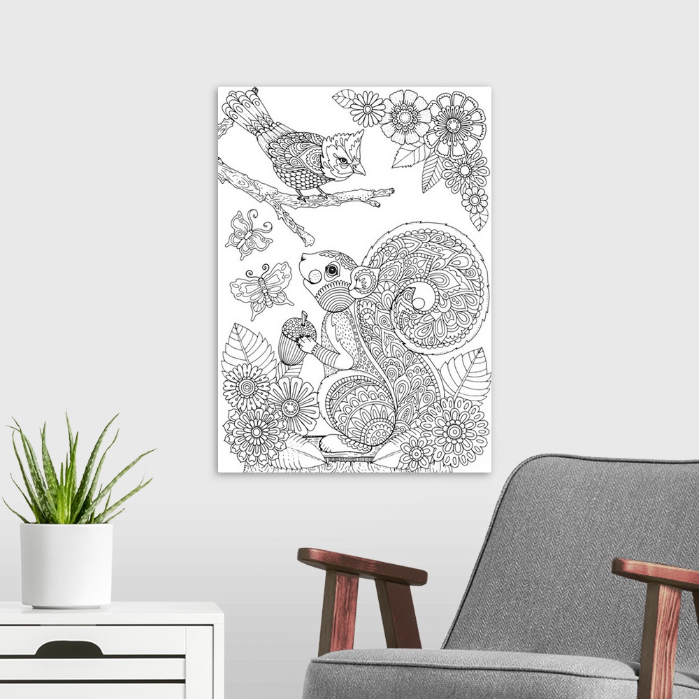 A modern room featuring Black and white line art of a squirrel and a bird made with intricate designs surrounded by flowe...
