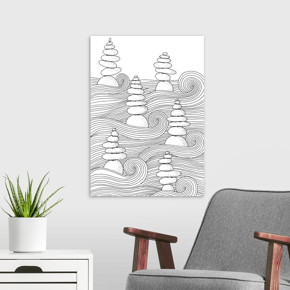 A modern room featuring Black and white line art of stacked rocks in moving, swirly waves.