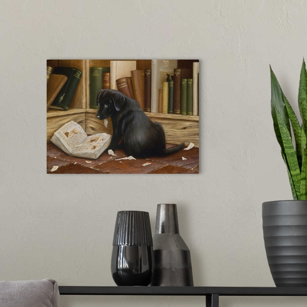 A modern room featuring Contemporary painting of a puppy sitting beside a book with torn pages.