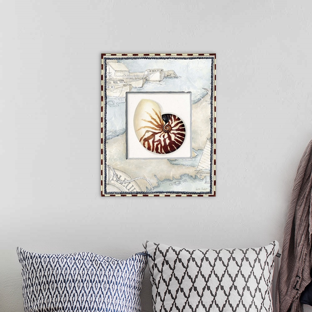 A bohemian room featuring snail shell with harbor and boats border