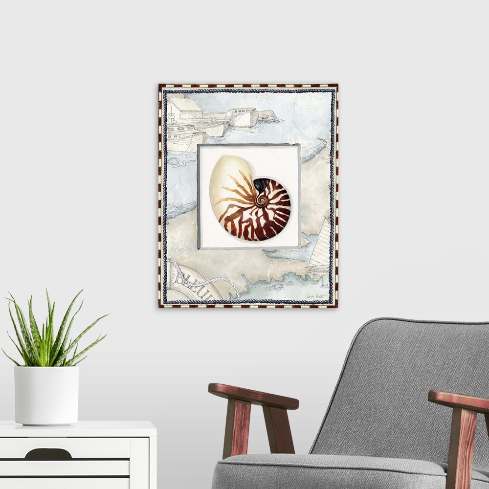 A modern room featuring snail shell with harbor and boats border