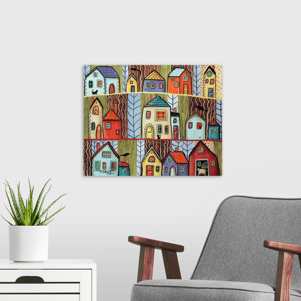 A modern room featuring Contemporary painting of a village made of different colored houses.