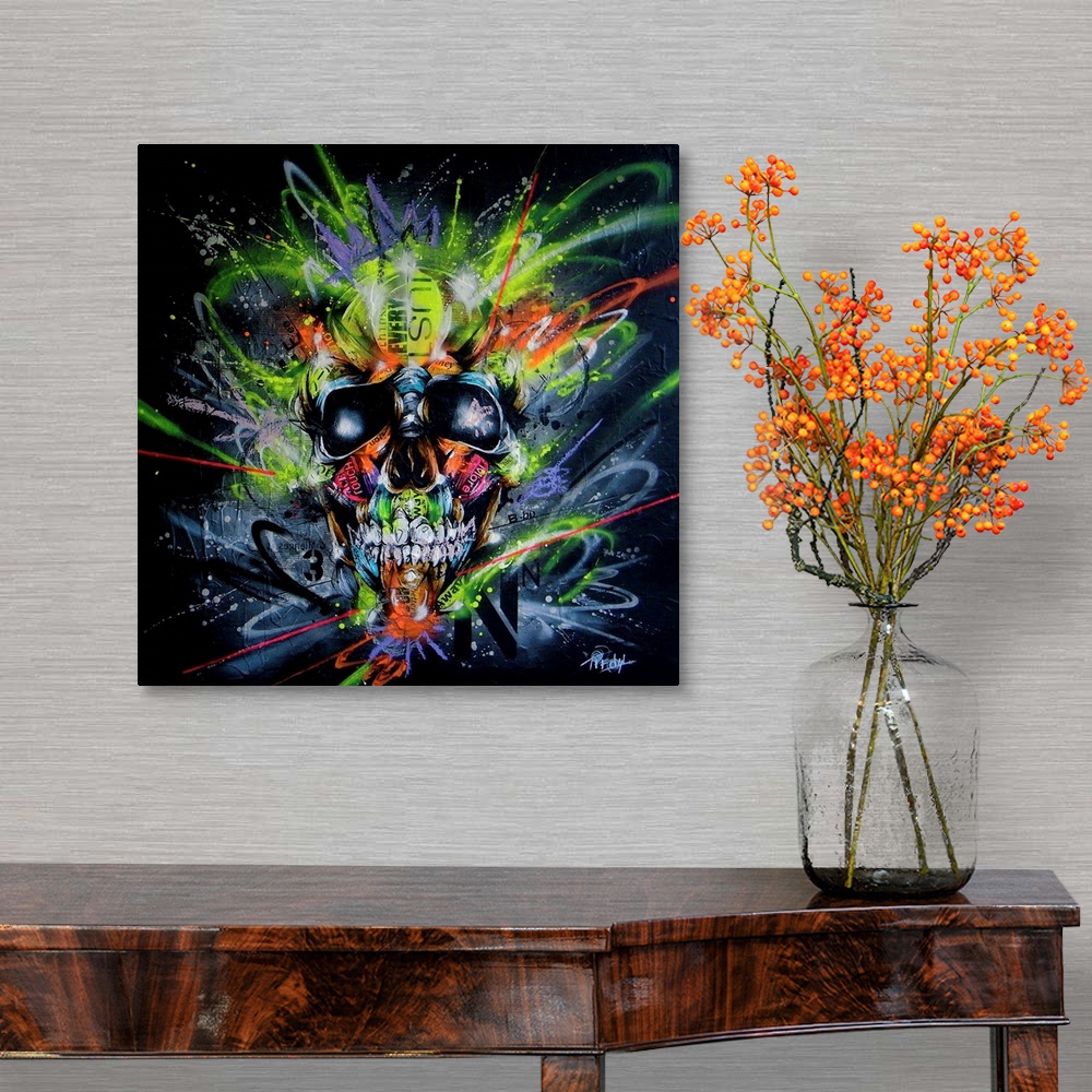 A traditional room featuring Contemporary artwork with a vibrant urban art feel, using wild colors and shapes.