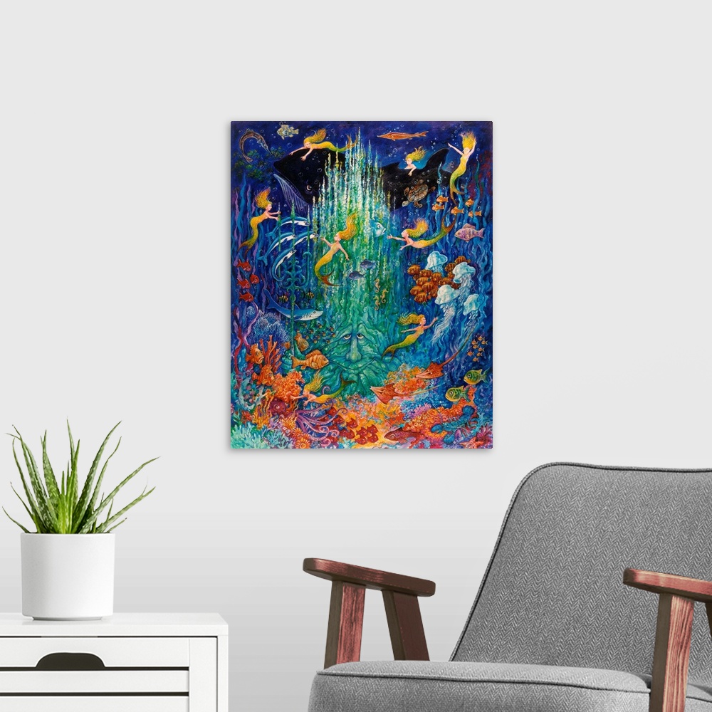 A modern room featuring Neptune and the mermaids.