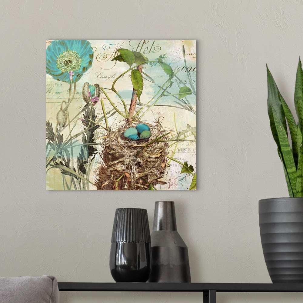 A modern room featuring Nest with robin's egg, flowers, postage, vintage