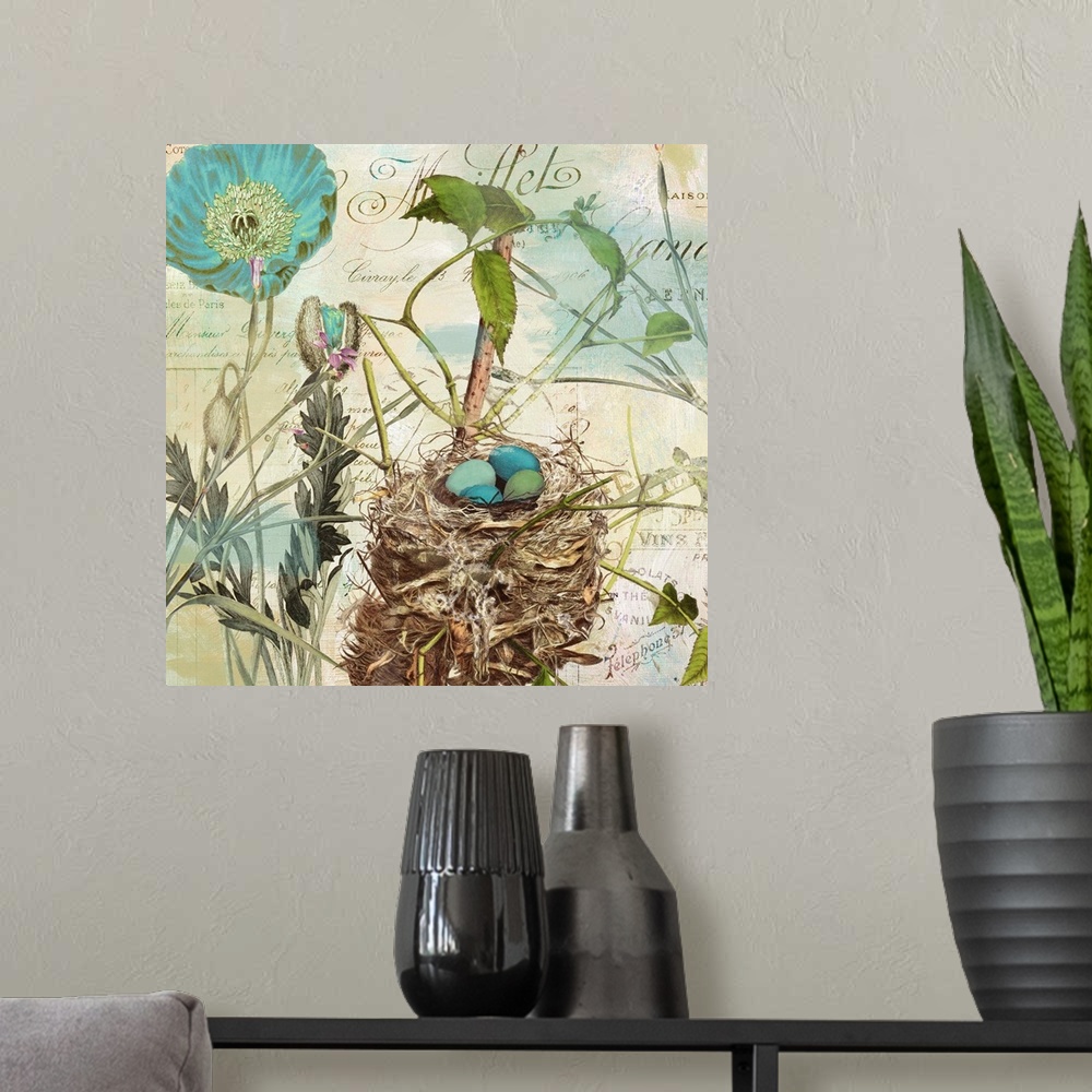 A modern room featuring Nest with robin's egg, flowers, postage, vintage