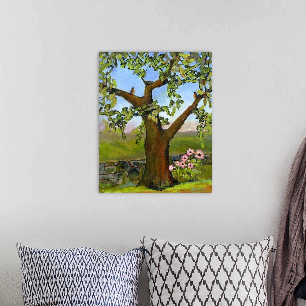 A bohemian room featuring Lighthearted contemporary painting of a tree.