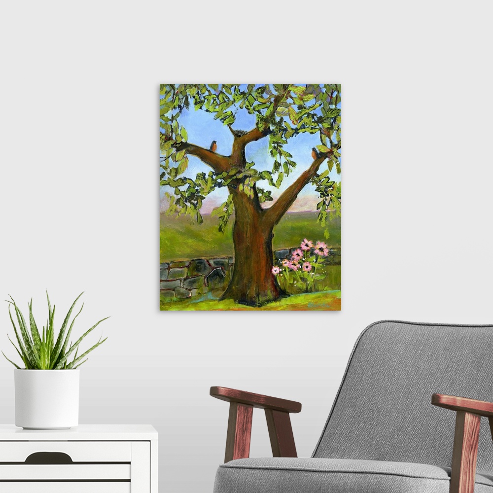 A modern room featuring Lighthearted contemporary painting of a tree.