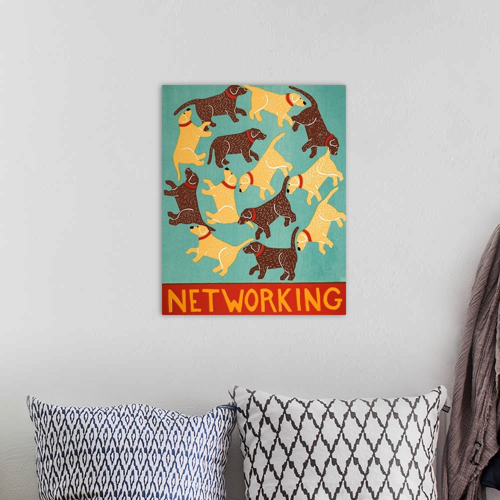 A bohemian room featuring Illustration of chocolate and yellow labs creating circles with the phrase "Networking" written o...