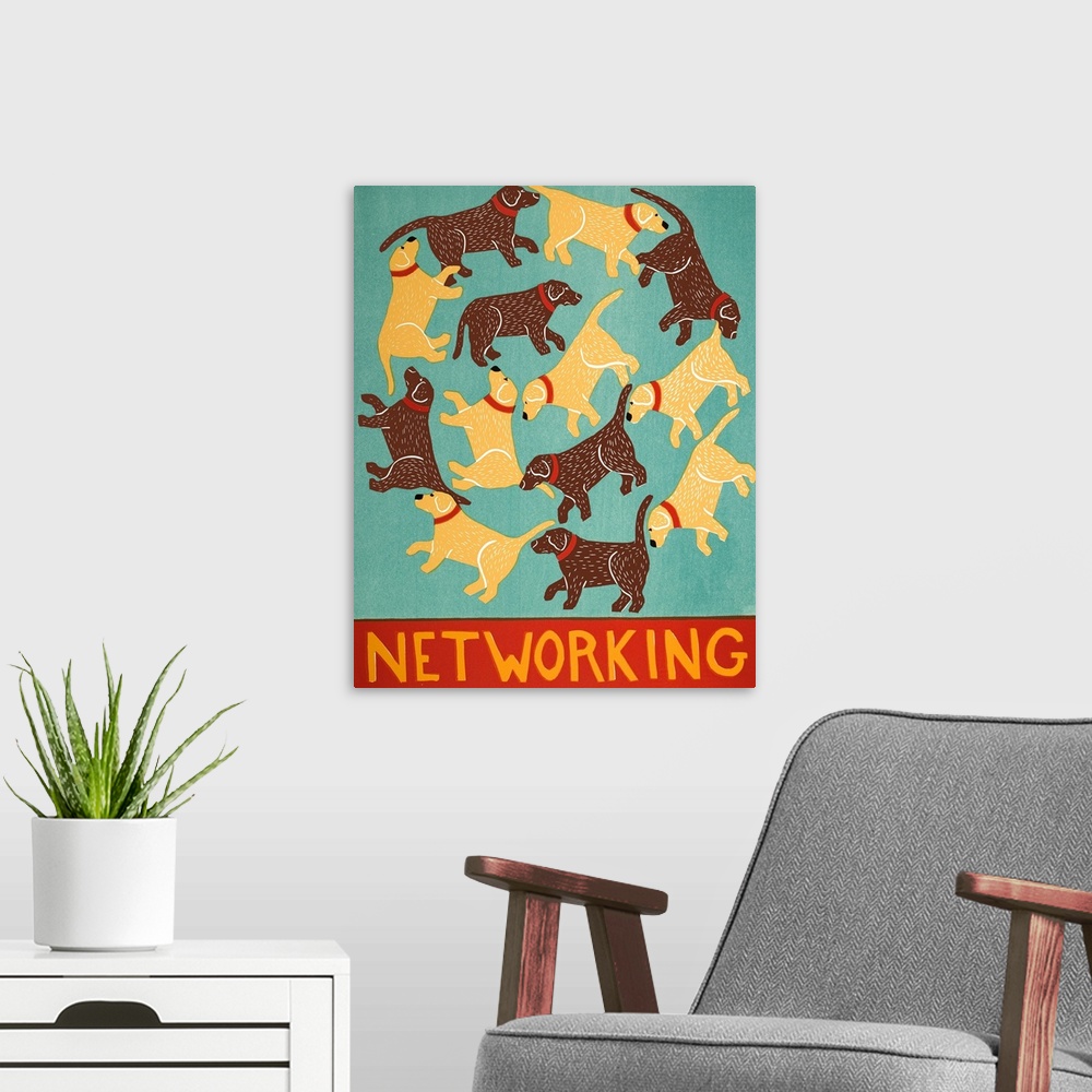 A modern room featuring Illustration of chocolate and yellow labs creating circles with the phrase "Networking" written o...