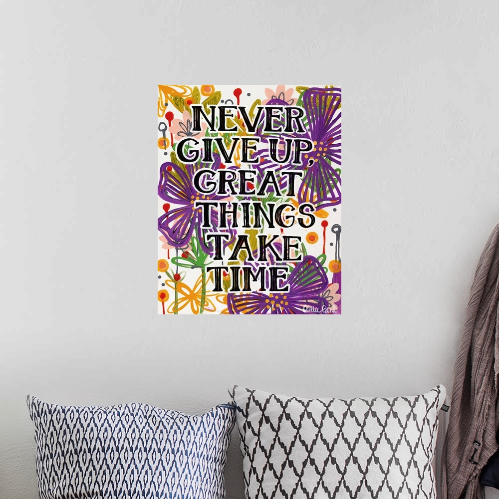 A bohemian room featuring Contemporary typography painting using purple flowers.