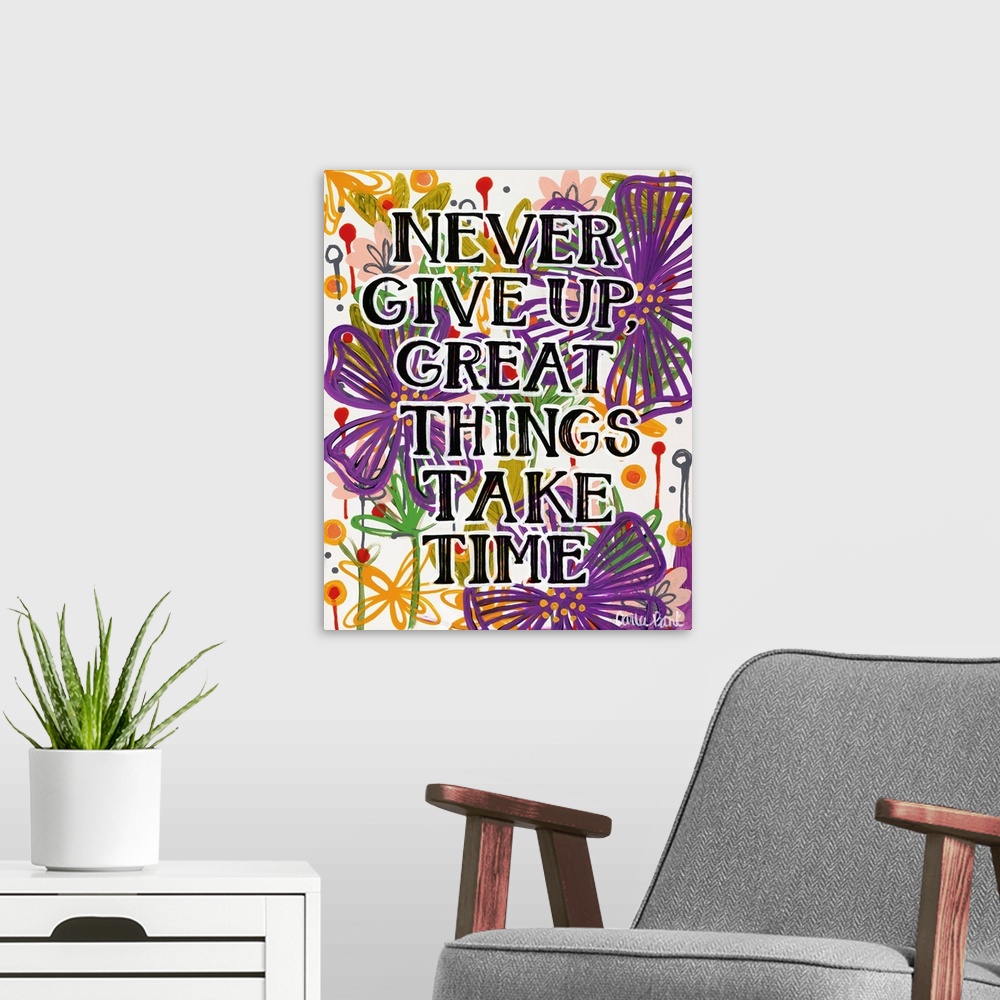 A modern room featuring Contemporary typography painting using purple flowers.