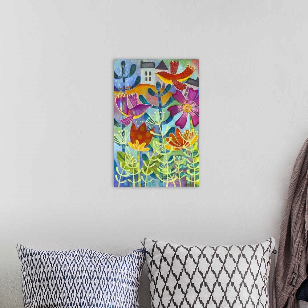 A bohemian room featuring Contemporary painting of a bird flying over red and purple flowers with a green house in the back...