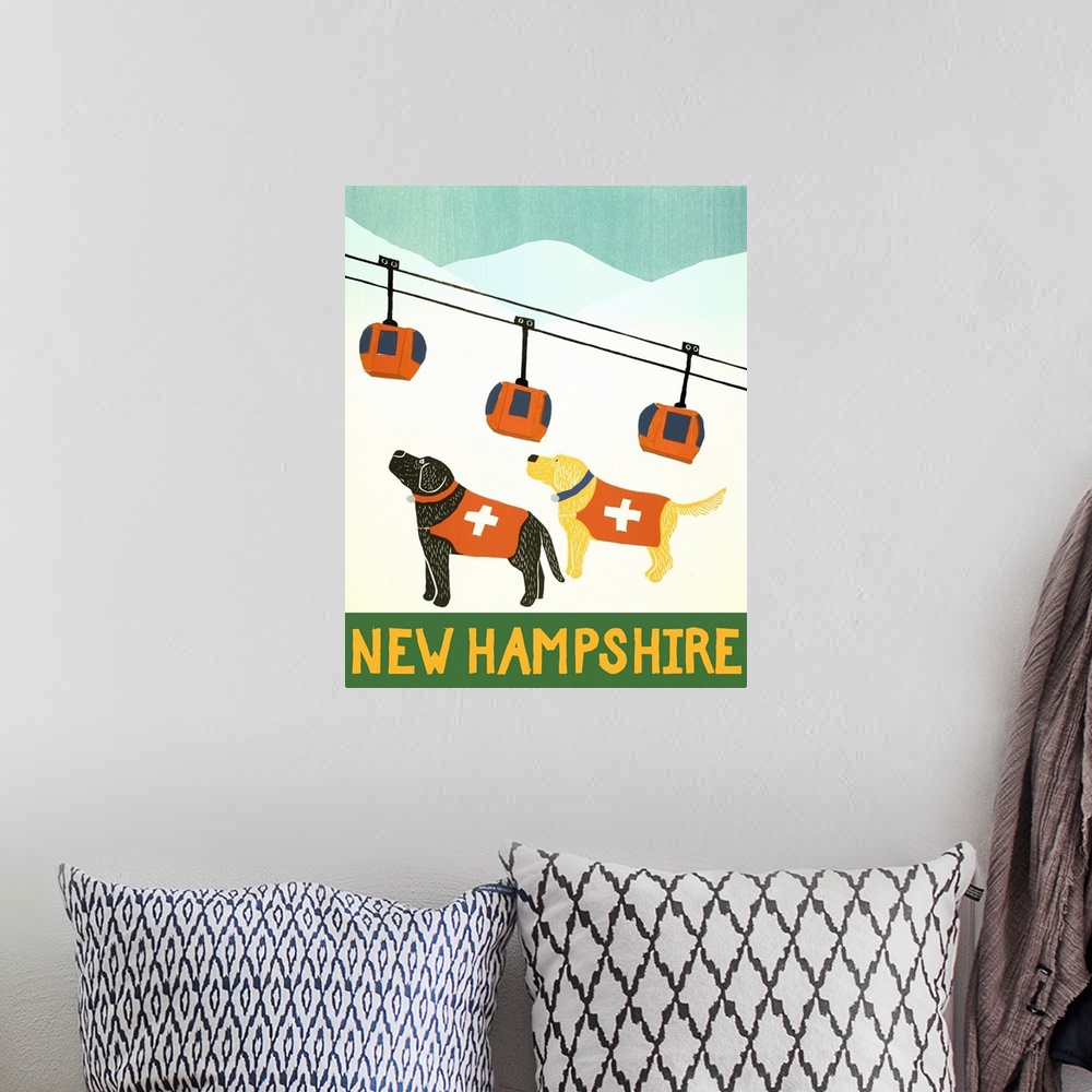 A bohemian room featuring Illustration of a yellow and black lab dressed as ski patrol on the slops with a ski lift in the ...