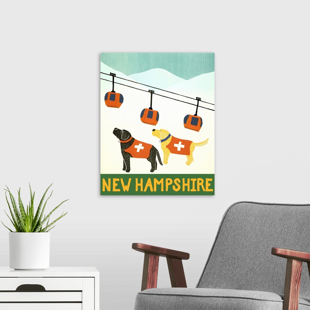A modern room featuring Illustration of a yellow and black lab dressed as ski patrol on the slops with a ski lift in the ...