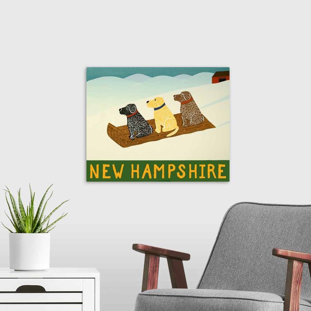 A modern room featuring Illustration of a chocolate, yellow, and black lab sledding down the slopes with "New Hampshire" ...