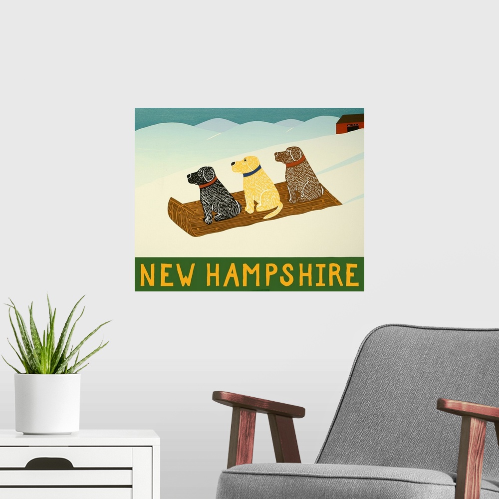 A modern room featuring Illustration of a chocolate, yellow, and black lab sledding down the slopes with "New Hampshire" ...