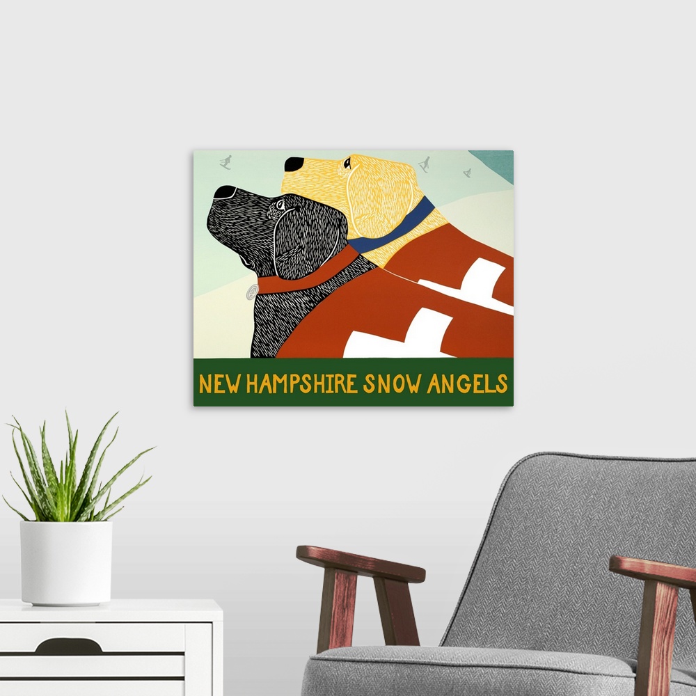 A modern room featuring Illustration of a black and yellow lab dressed as ski patrol on the slopes with skiers in the bac...