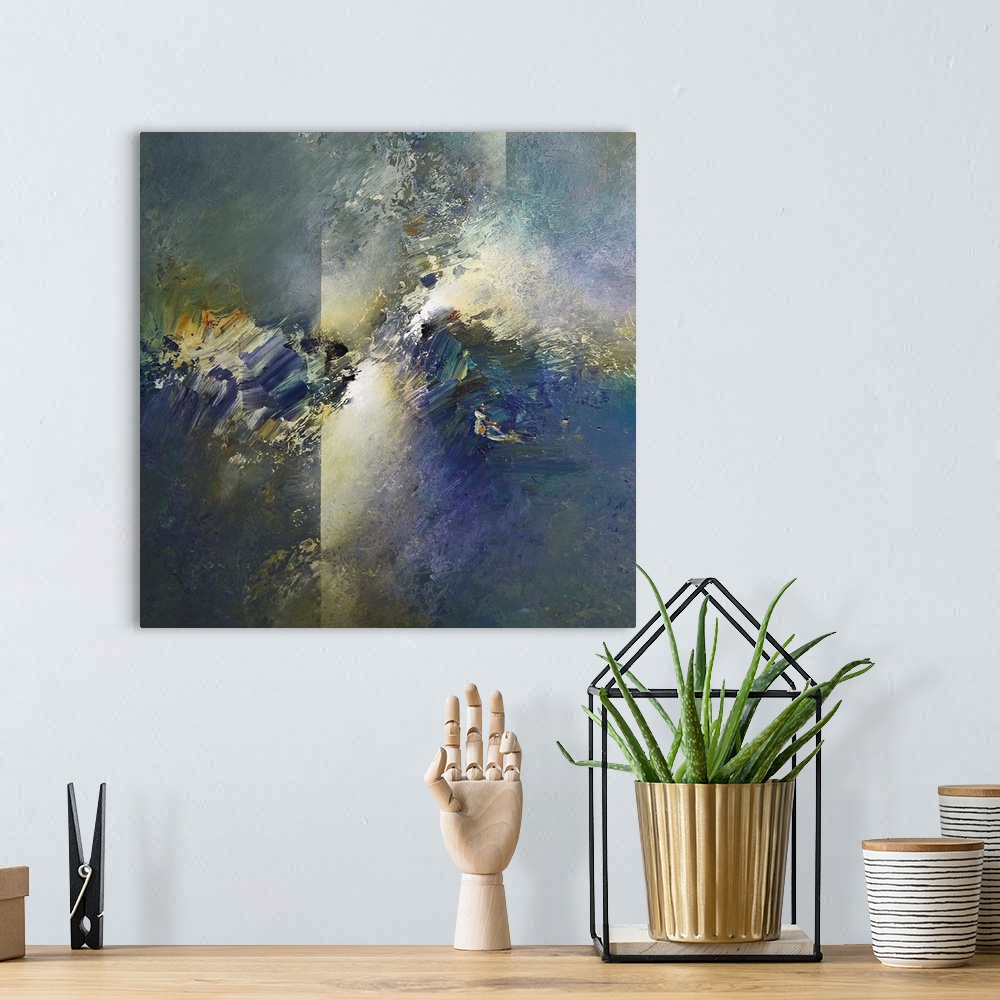 A bohemian room featuring Abstract artwork resembling a nebula in space.