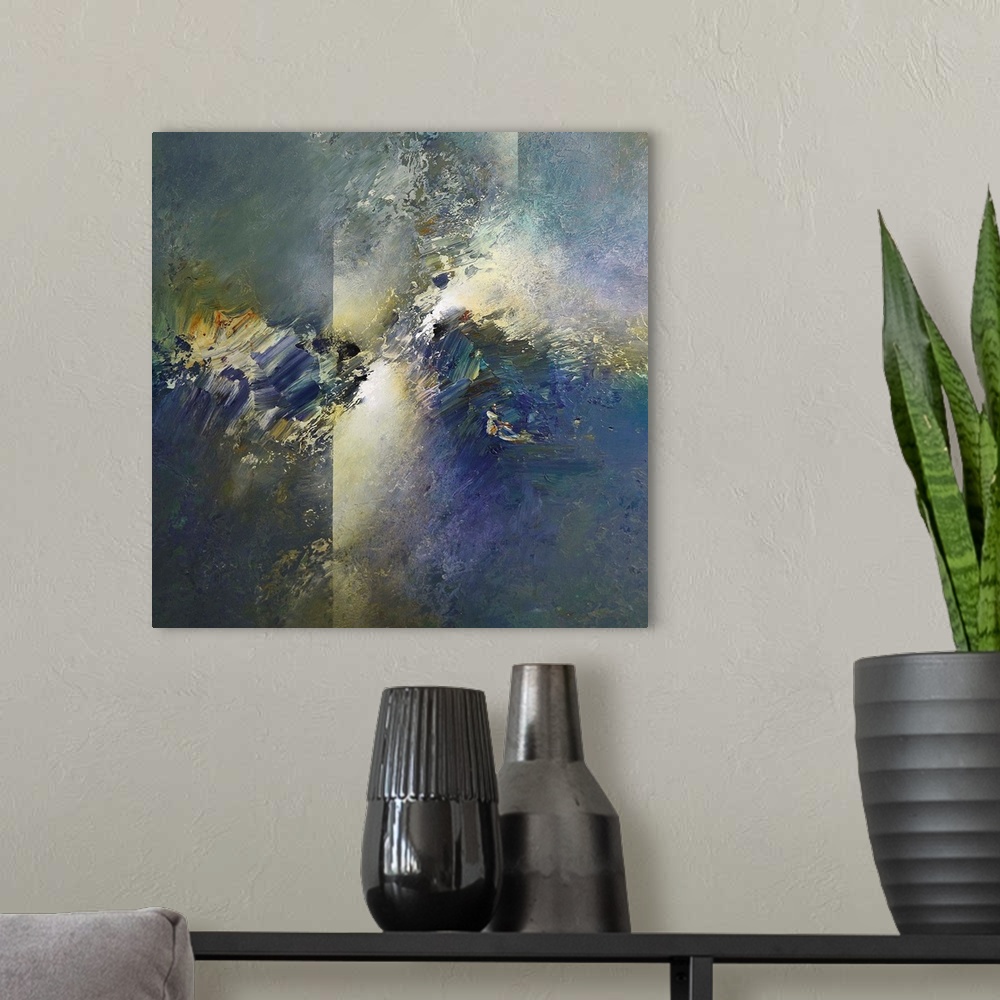A modern room featuring Abstract artwork resembling a nebula in space.